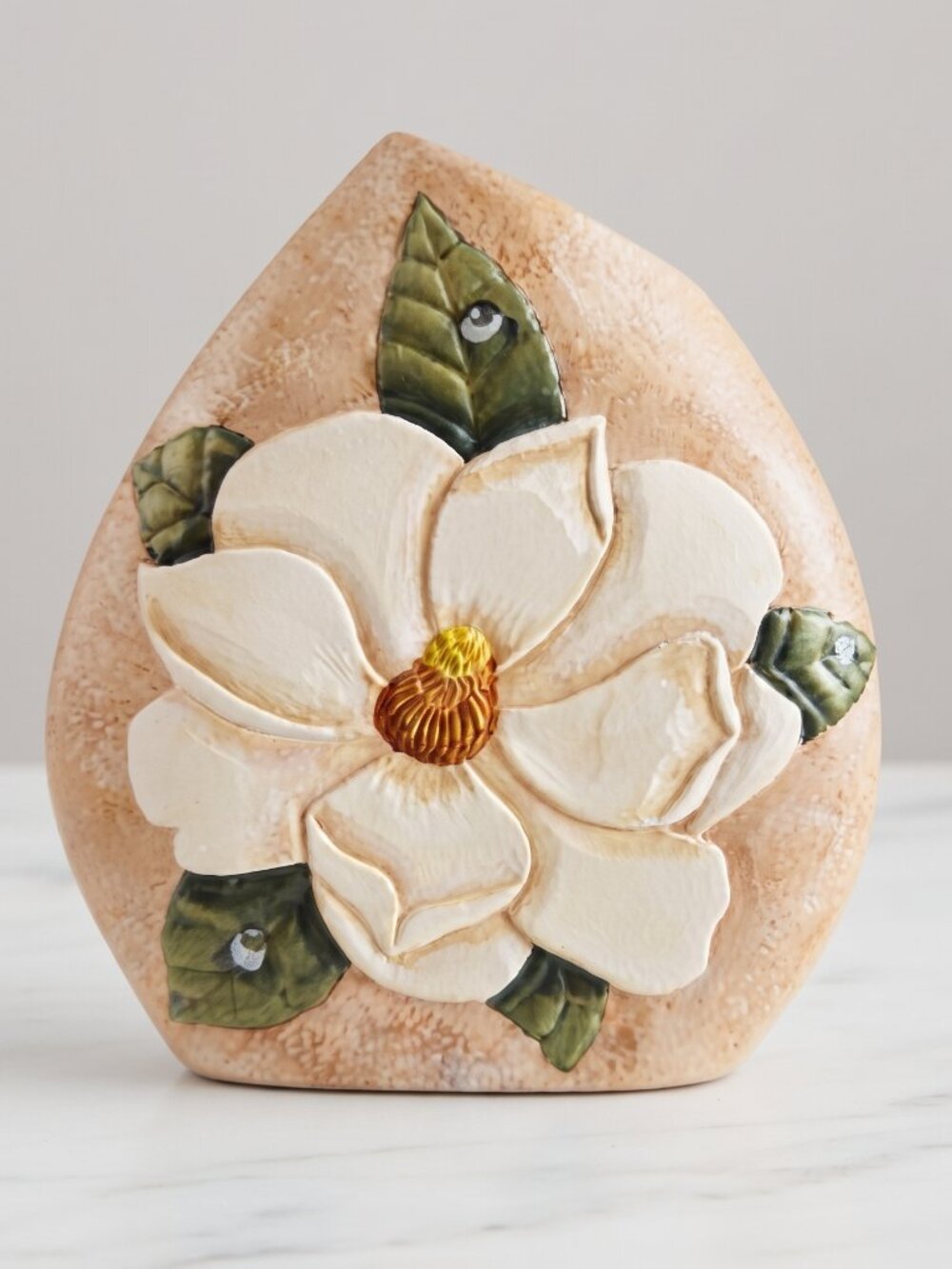 Signed D.L. Cupit Hand Carved Painted Magnolia Flower Wood Vase Folk Art 8" OOAK